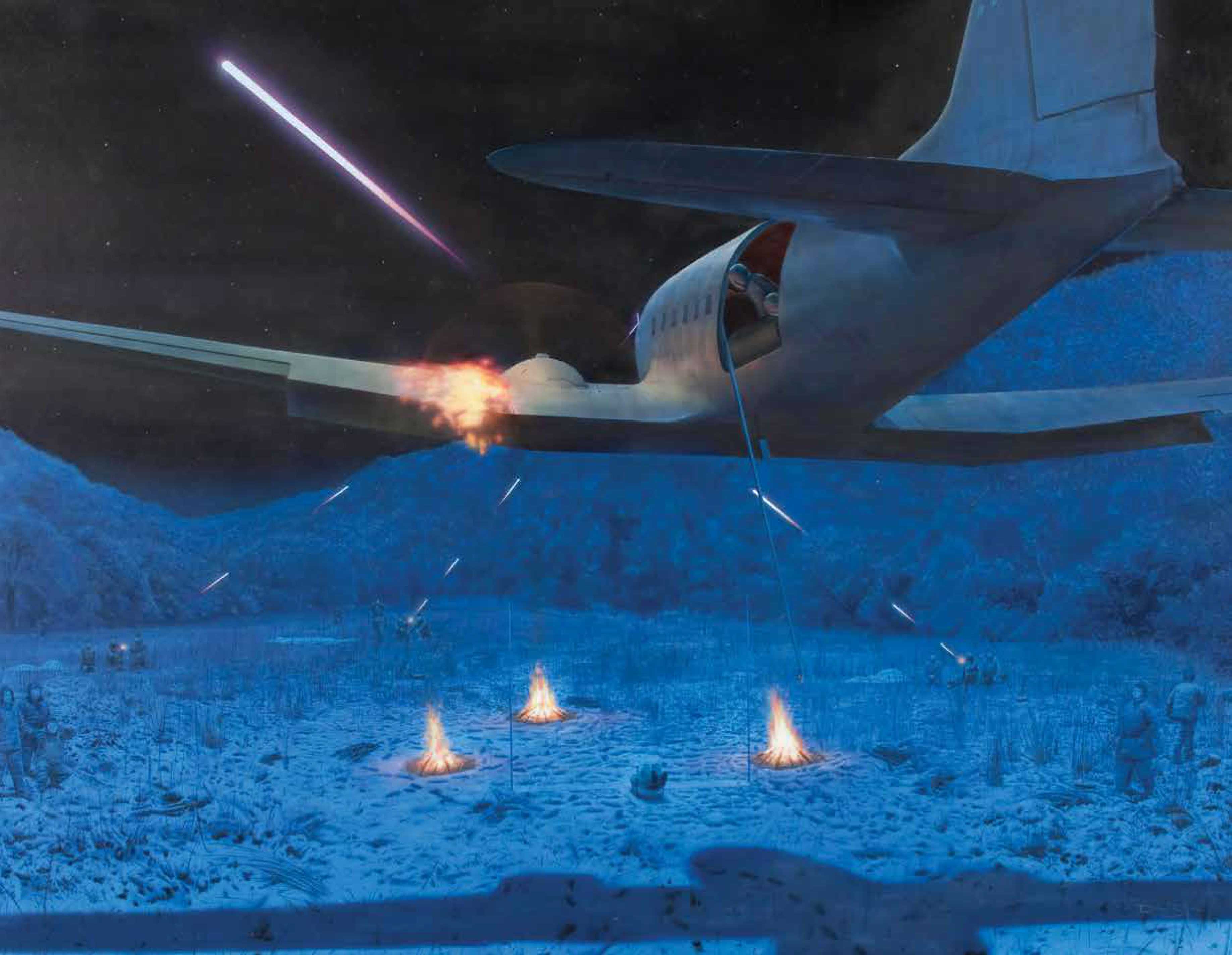 Painting that depicts the plane carrying Downey and Fecteau as it is shot down by the Chinese in 1952.