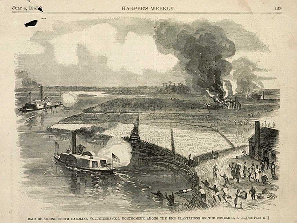 A drawing from Harper’s Weekly illustrating the Combahee River Raid. Published July 4, 1863.