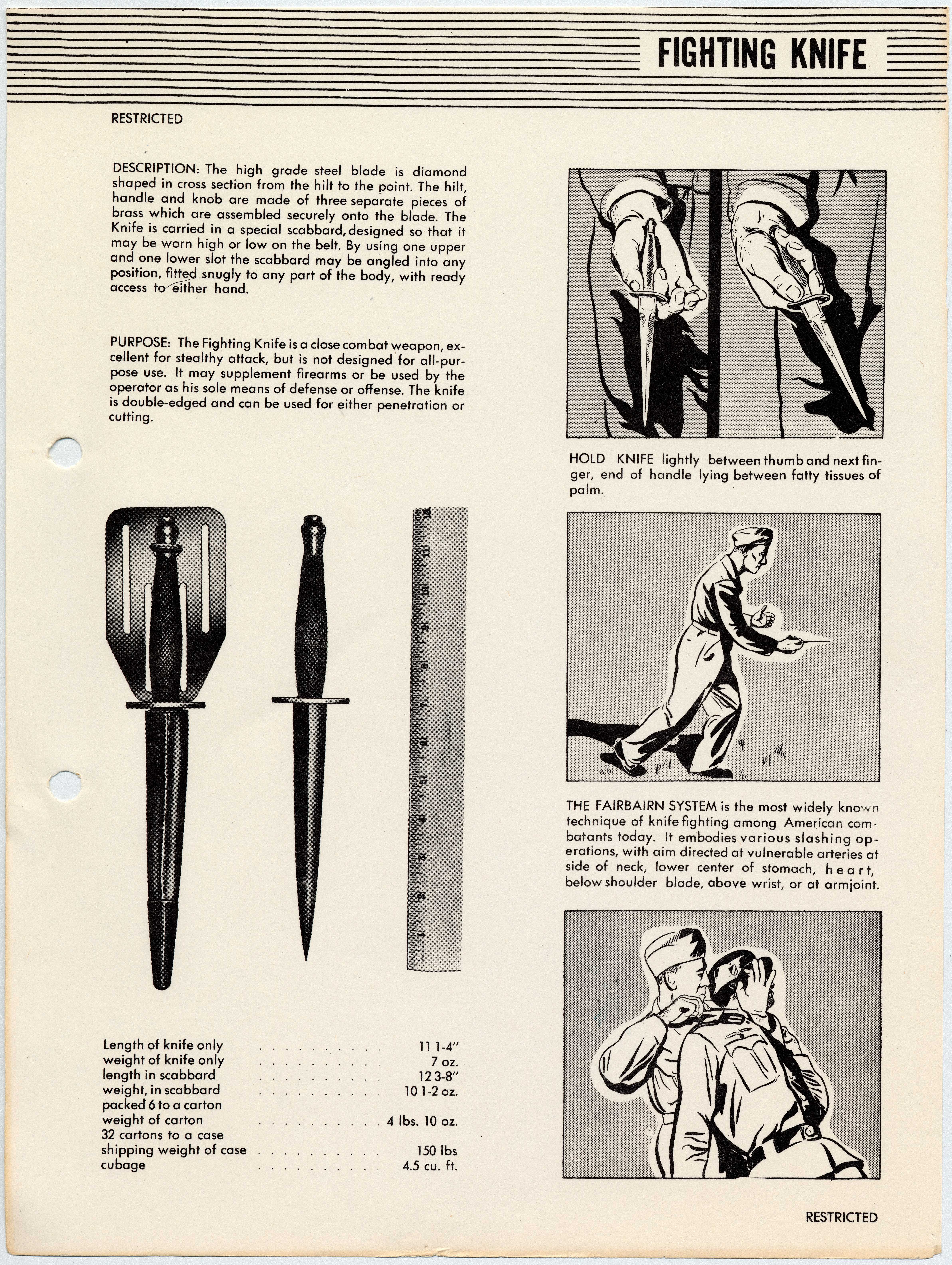 old, yellowed pamphlet that discusses what is called a fighting knife, including illustrated drawings of how to use it in hand-to-hand combat. World War II era.