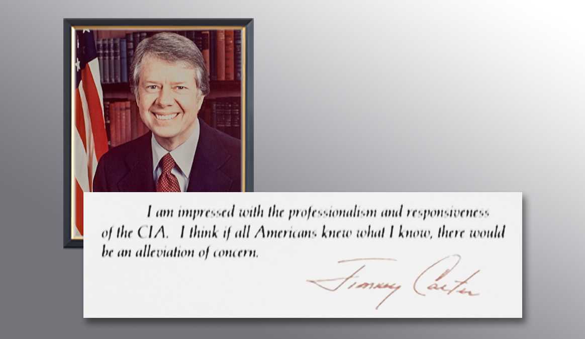 A picture of President Carter and a handwritten note from him thanking the CIA for their services.