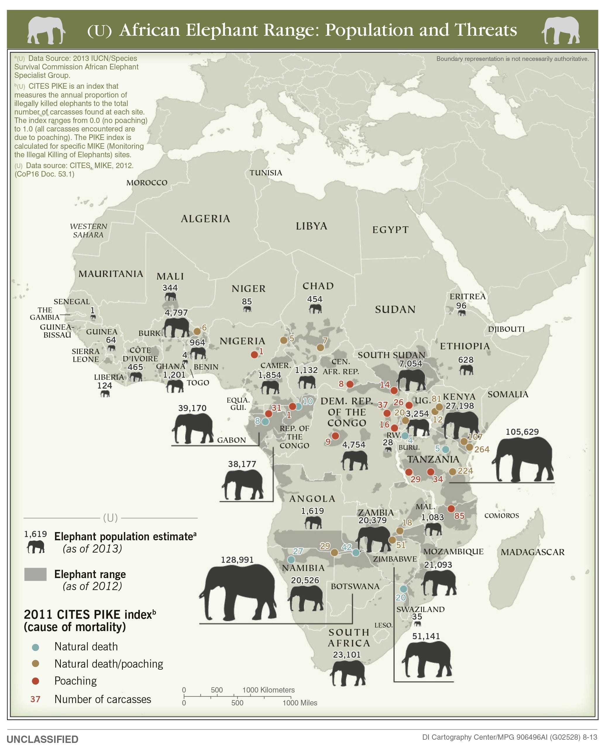 A map of Africa with varying sized elephants overlayed.