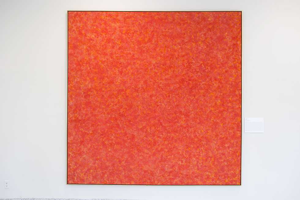 A painting with a red-orange shade over the entire canvas.