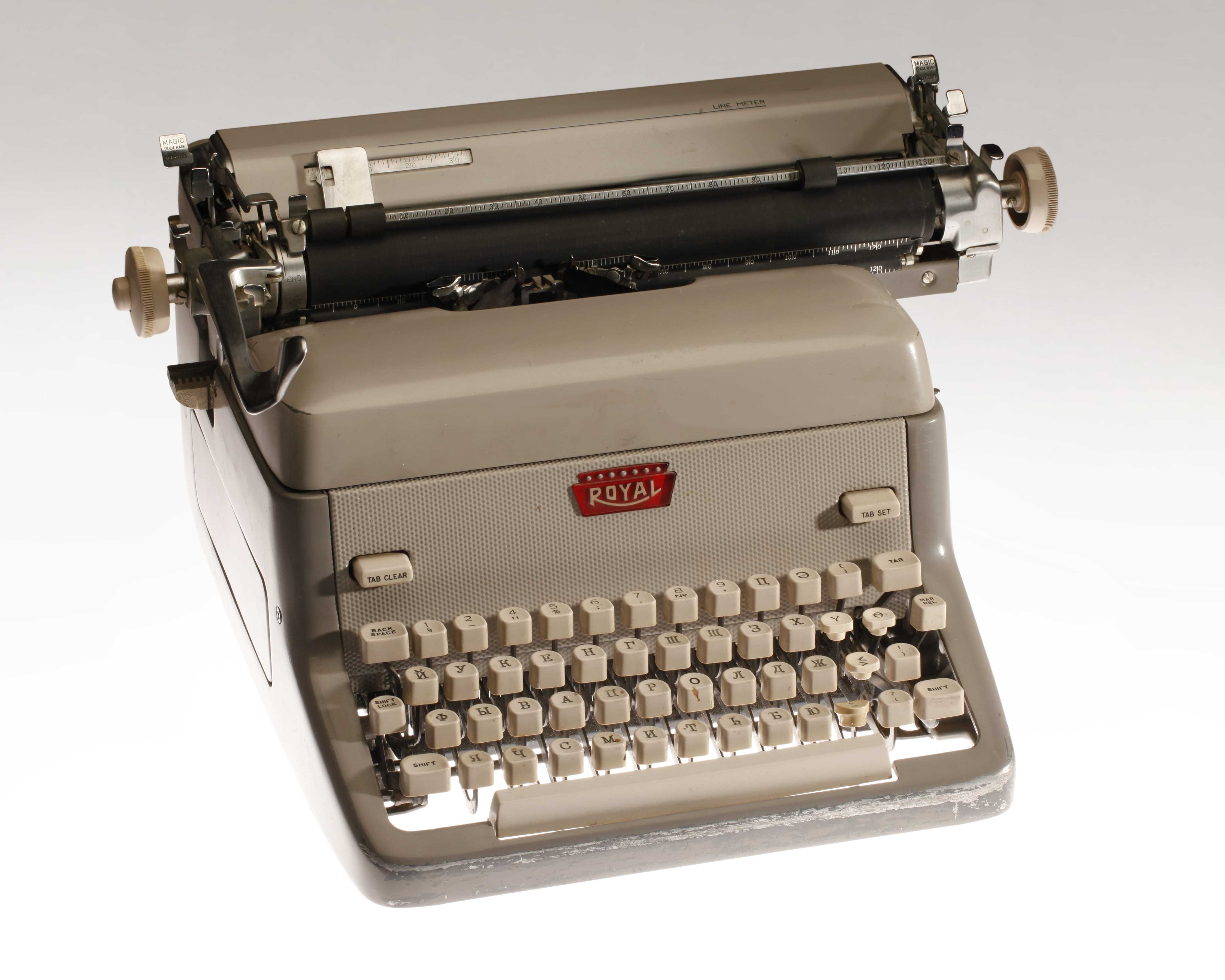 A light tan Royal brand typewriter used by the Foreign Broadcast Information Service