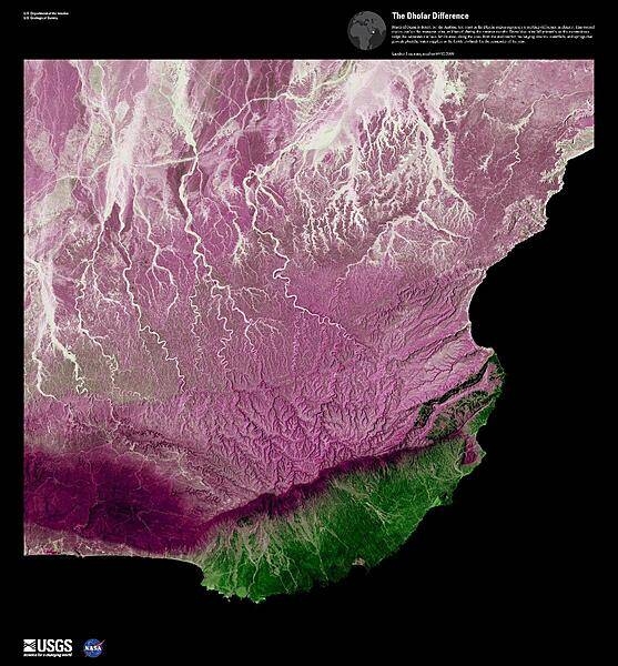 Much of Oman is desert, but the Arabian Sea coast in the Dhofar region represents a startling difference in climate shown in this false-color satellite image. This coastal region catches the monsoon rains, or Khareef, during the summer months. Drenching rains fall primarily on the mountainous ridge that separates the lush, fertile areas (in green) along the coast from the arid interior (in pink), recharging streams, waterfalls, and springs that provide plentiful water supplies in the fertile lowlands for the remainder of the year. Image courtesy of USGS.