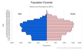 This is the population pyramid for Bosnia and Herzegovina. A population pyramid illustrates the age and sex structure of a country's population and may provide insights about political and social stability, as well as economic development. The population is distributed along the horizontal axis, with males shown on the left and females on the right. The male and female populations are broken down into 5-year age groups represented as horizontal bars along the vertical axis, with the youngest age groups at the bottom and the oldest at the top. The shape of the population pyramid gradually evolves over time based on fertility, mortality, and international migration trends. <br/><br/>For additional information, please see the entry for Population pyramid on the Definitions and Notes page.
