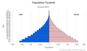 This is the population pyramid for Ethiopia. A population pyramid illustrates the age and sex structure of a country's population and may provide insights about political and social stability, as well as economic development. The population is distributed along the horizontal axis, with males shown on the left and females on the right. The male and female populations are broken down into 5-year age groups represented as horizontal bars along the vertical axis, with the youngest age groups at the bottom and the oldest at the top. The shape of the population pyramid gradually evolves over time based on fertility, mortality, and international migration trends. <br/><br/>For additional information, please see the entry for Population pyramid on the Definitions and Notes page.