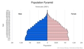 This is the population pyramid for Venezuela. A population pyramid illustrates the age and sex structure of a country's population and may provide insights about political and social stability, as well as economic development. The population is distributed along the horizontal axis, with males shown on the left and females on the right. The male and female populations are broken down into 5-year age groups represented as horizontal bars along the vertical axis, with the youngest age groups at the bottom and the oldest at the top. The shape of the population pyramid gradually evolves over time based on fertility, mortality, and international migration trends. <br/><br/>For additional information, please see the entry for Population pyramid on the Definitions and Notes page.