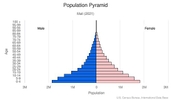 This is the population pyramid for Mali. A population pyramid illustrates the age and sex structure of a country's population and may provide insights about political and social stability, as well as economic development. The population is distributed along the horizontal axis, with males shown on the left and females on the right. The male and female populations are broken down into 5-year age groups represented as horizontal bars along the vertical axis, with the youngest age groups at the bottom and the oldest at the top. The shape of the population pyramid gradually evolves over time based on fertility, mortality, and international migration trends. <br/><br/>For additional information, please see the entry for Population pyramid on the Definitions and Notes page.