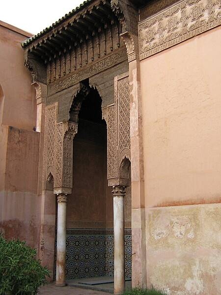 Entrance to the eastern (smaller) mausoleum (Qubba of Lalla Mas'uda) at the Saadian Tombs in Marrakech.