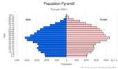 This is the population pyramid for Portugal. A population pyramid illustrates the age and sex structure of a country's population and may provide insights about political and social stability, as well as economic development. The population is distributed along the horizontal axis, with males shown on the left and females on the right. The male and female populations are broken down into 5-year age groups represented as horizontal bars along the vertical axis, with the youngest age groups at the bottom and the oldest at the top. The shape of the population pyramid gradually evolves over time based on fertility, mortality, and international migration trends. <br/><br/>For additional information, please see the entry for Population pyramid on the Definitions and Notes page.