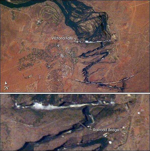 A closeup of Victoria Falls. The positions of the falls are controlled by linear fault lines in the underlying basalt rocks. The falls have moved upstream (bottom to top) by intense river erosion, elongating the zig-zag gorge in the process. Prior positions of the strongly linear falls can be detected. The earliest on this cropped view may have been the longest (dashed line). The zig-zags represent subsequent positions, all with the characteristic water-worn lip on the upstream side. The falls will continue to erode northward. Image courtesy of NASA.