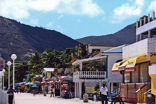 Colorful shops along a street in Philipsburg, the capital of Sint Maarten.