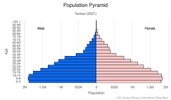 This is the population pyramid for Yemen. A population pyramid illustrates the age and sex structure of a country's population and may provide insights about political and social stability, as well as economic development. The population is distributed along the horizontal axis, with males shown on the left and females on the right. The male and female populations are broken down into 5-year age groups represented as horizontal bars along the vertical axis, with the youngest age groups at the bottom and the oldest at the top. The shape of the population pyramid gradually evolves over time based on fertility, mortality, and international migration trends. <br/><br/>For additional information, please see the entry for Population pyramid on the Definitions and Notes page.