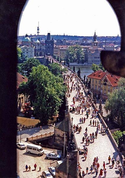 View of the Charles Bridge in Prague as seen from the Mala Strana (Lesser Quarter) Bridge Tower.