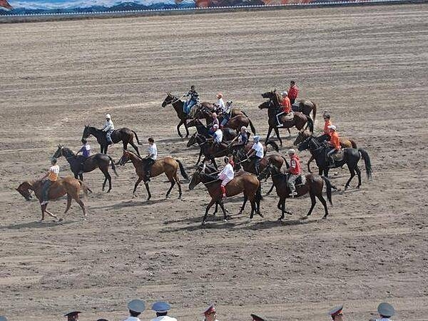 Preparing to race at the Hippodrome in Bishkek. Colts - male baby horses usually under 18 months old - are used in these contests. Because these animals are too young to hold adults, they are raced by boys. Note that not only do they not have helmets, most do not have saddles.