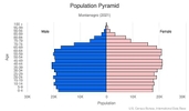This is the population pyramid for Montenegro. A population pyramid illustrates the age and sex structure of a country's population and may provide insights about political and social stability, as well as economic development. The population is distributed along the horizontal axis, with males shown on the left and females on the right. The male and female populations are broken down into 5-year age groups represented as horizontal bars along the vertical axis, with the youngest age groups at the bottom and the oldest at the top. The shape of the population pyramid gradually evolves over time based on fertility, mortality, and international migration trends. <br/><br/>For additional information, please see the entry for Population pyramid on the Definitions and Notes page.