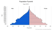 This is the population pyramid for Egypt. A population pyramid illustrates the age and sex structure of a country's population and may provide insights about political and social stability, as well as economic development. The population is distributed along the horizontal axis, with males shown on the left and females on the right. The male and female populations are broken down into 5-year age groups represented as horizontal bars along the vertical axis, with the youngest age groups at the bottom and the oldest at the top. The shape of the population pyramid gradually evolves over time based on fertility, mortality, and international migration trends. <br/><br/>For additional information, please see the entry for Population pyramid on the Definitions and Notes page.
