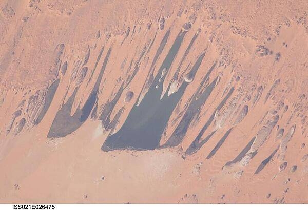 The Ounianga Lakes in northeastern Chad are featured in this image from the International Space Station. This view features one of the largest of a series of ten, mostly fresh water lakes in the Ounianga basin in the heart of the Sahara Desert. The lakes are the remnant of a single large lake - probably tens of kilometers long - that once occupied this remote area approximately 14,800 to 5,500 years ago. As the climate dried out during the subsequent millennia, the lake was reduced in size and large wind-driven sand dunes invaded the original depression dividing it into several smaller basins. The area shown in this image measures approximately 11 x 9 km, with the dark water surfaces of the lake segregated almost completely by orange linear sand dunes that stream into the depression from the northeast. The almost year-round northeast winds and cloudless skies make for very high evaporation (an evaporation rate of greater than 6 m per year has been measured in one of the nearby lakes). Nonetheless, only one of the ten lakes is saline because a very large aquifer reaches the surface in the Ounianga depression in the form of the lakes. The aquifer is large enough to keep supplying the small lakes with water despite the high evaporation rate. Mats of floating reeds also reduce the evaporation in places. The lakes form a hydrological system that is unique in the Sahara Desert. Image courtesy of NASA/Jeffrey Williams.