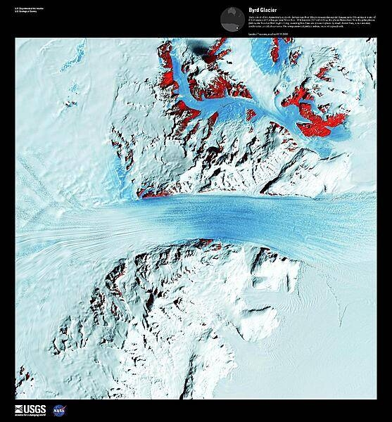 Truly a river of ice, Antarctica&apos;s relatively fast-moving Byrd Glacier courses through the Transantarctic Mountains at a rate of 0.8 km (0.5 mi) per year. More than 180 km (112 mi) long, the glacier flows down from the polar plateau (left) to the Ross Ice Shelf (right) in this false-color satellite image. Long, sweeping flow lines are crossed in places by much shorter lines, which are deep cracks in the ice called crevasses. The conspicuous red patches indicate areas of exposed rock. The glacier was named for Rear Admiral Byrd, US Navy, who was an Antarctic explorer. Image courtesy of USGS.