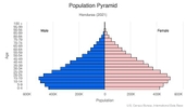 This is the population pyramid for Honduras. A population pyramid illustrates the age and sex structure of a country's population and may provide insights about political and social stability, as well as economic development. The population is distributed along the horizontal axis, with males shown on the left and females on the right. The male and female populations are broken down into 5-year age groups represented as horizontal bars along the vertical axis, with the youngest age groups at the bottom and the oldest at the top. The shape of the population pyramid gradually evolves over time based on fertility, mortality, and international migration trends. <br/><br/>For additional information, please see the entry for Population pyramid on the Definitions and Notes page.