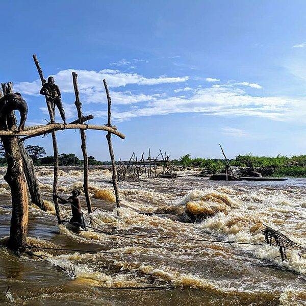 Boyoma Falls, formerly known as Stanley Falls, is a series of seven cataracts, each no more than 5 m high. The falls extend over 100 km along the Lualaba River between the river port towns of Ubundu and Kisangani (also known as Boyoma) in the Democratic Republic of the Congo. The last of the seven cataracts is also known as the Wagenia Falls, referring to the local Wagenya fishermen, who continue to fish by traditional methods in the river - using woven baskets to "net" fish.