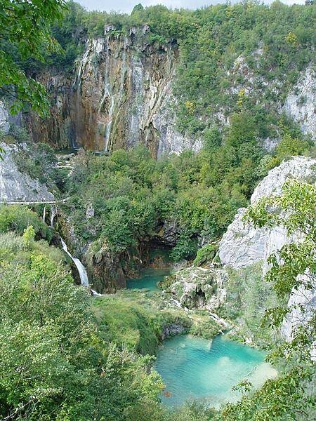 A view in Plitvice Lakes National Park looking down into the gorge where the largest waterfalls in the park - draining from one lake to the next - are located. The park has been added to the UNESCO World Heritage Register.