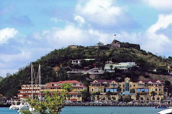 A view of the fort and some of the hotels at Marigot, the capital and largest town in Saint Martin.