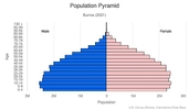 This is the population pyramid for Burma. A population pyramid illustrates the age and sex structure of a country's population and may provide insights about political and social stability, as well as economic development. The population is distributed along the horizontal axis, with males shown on the left and females on the right. The male and female populations are broken down into 5-year age groups represented as horizontal bars along the vertical axis, with the youngest age groups at the bottom and the oldest at the top. The shape of the population pyramid gradually evolves over time based on fertility, mortality, and international migration trends. <br/><br/>For additional information, please see the entry for Population pyramid on the Definitions and Notes page.