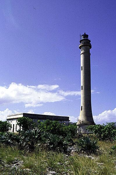 Navassa Island's lighthouse with the ruins of the light keeper's quarters in the foreground. Photo courtesy USGS.