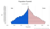 This is the population pyramid for Lesotho. A population pyramid illustrates the age and sex structure of a country's population and may provide insights about political and social stability, as well as economic development. The population is distributed along the horizontal axis, with males shown on the left and females on the right. The male and female populations are broken down into 5-year age groups represented as horizontal bars along the vertical axis, with the youngest age groups at the bottom and the oldest at the top. The shape of the population pyramid gradually evolves over time based on fertility, mortality, and international migration trends. <br/><br/>For additional information, please see the entry for Population pyramid on the Definitions and Notes page.