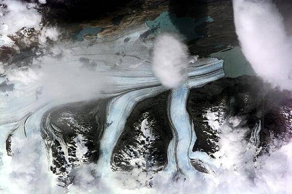 The Upsala Glacier in Argentina - here viewed from the International Space Station - is the third largest glacier of the Southern Patagonian Ice Field with an estimated area of over 800 sq km. This long, north-south oriented river of ice terminates in the northern arm of Lake Argentino. Photo courtesy of NASA.