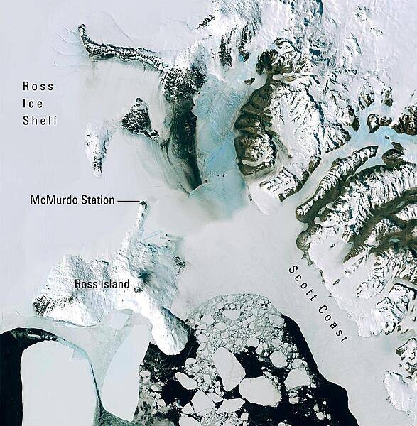 A natural-color image displays McMurdo Station, the largest research base in Antarctica, as well as the surrounding region. Ross Island is roughly 72 km (45 mi) across at its widest point. Part of the McMurdo Dry Valleys may be seen along the right edge. Photo courtesy of NASA.