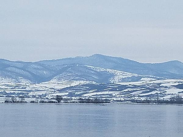 Romanian countryside from the Danube River near the Iron Gates.