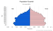 This is the population pyramid for Sri Lanka. A population pyramid illustrates the age and sex structure of a country's population and may provide insights about political and social stability, as well as economic development. The population is distributed along the horizontal axis, with males shown on the left and females on the right. The male and female populations are broken down into 5-year age groups represented as horizontal bars along the vertical axis, with the youngest age groups at the bottom and the oldest at the top. The shape of the population pyramid gradually evolves over time based on fertility, mortality, and international migration trends. <br/><br/>For additional information, please see the entry for Population pyramid on the Definitions and Notes page.