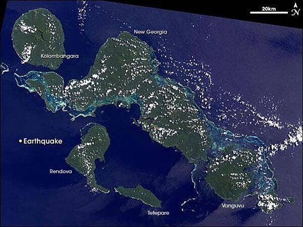 The Solomon Islands consist of two major island groups, the western New Georgia Islands and the eastern Santa Cruz Islands. This Landsat image shows some of the islands of the former group. The nearly circular island in the upper left is Kolombangara. Then, proceeding clockwise, is the large island of New Georgia, and the smaller islands of Vangunu, Tetepare, and Rendova. Located along two geologic plate boundaries, the islands are prone to volcanism, earthquakes, and tsunamis. Image courtesy of NASA.