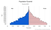 This is the population pyramid for Rwanda. A population pyramid illustrates the age and sex structure of a country's population and may provide insights about political and social stability, as well as economic development. The population is distributed along the horizontal axis, with males shown on the left and females on the right. The male and female populations are broken down into 5-year age groups represented as horizontal bars along the vertical axis, with the youngest age groups at the bottom and the oldest at the top. The shape of the population pyramid gradually evolves over time based on fertility, mortality, and international migration trends. <br/><br/>For additional information, please see the entry for Population pyramid on the Definitions and Notes page.