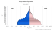 This is the population pyramid for Gabon. A population pyramid illustrates the age and sex structure of a country's population and may provide insights about political and social stability, as well as economic development. The population is distributed along the horizontal axis, with males shown on the left and females on the right. The male and female populations are broken down into 5-year age groups represented as horizontal bars along the vertical axis, with the youngest age groups at the bottom and the oldest at the top. The shape of the population pyramid gradually evolves over time based on fertility, mortality, and international migration trends. <br/><br/>For additional information, please see the entry for Population pyramid on the Definitions and Notes page.