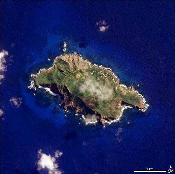 The volcanic island shown here is Pitcairn Island, the island on which the sailors from the British ship HMS Bounty settled after their mutiny in 1790. High cliffs surround most of the island, making access difficult - likely a primary reason the mutineers chose this landfall. The center of the island is green, covered with a dense forest. The island&apos;s only inhabitants (descendants of the Bounty mutineers and their Tahitian companions) live in Adamstown, the bright spots near the northeast shore. A faint semi-circle around the top of the island traces out an ancient crater, evidence of Pitcairn&apos;s volcanic past. This image of Pitcairn was taken on 5 April 2006. Photo courtesy of NASA.