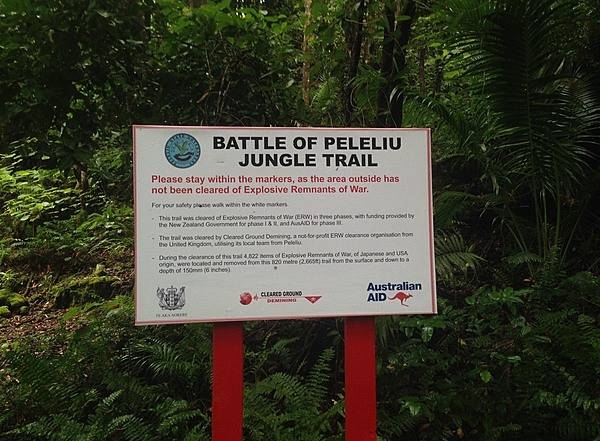 Sign on the Battle of Peleliu Jungle Trail that winds through an area still littered with potentially dangerous explosives.