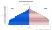 This is the population pyramid for Mexico. A population pyramid illustrates the age and sex structure of a country's population and may provide insights about political and social stability, as well as economic development. The population is distributed along the horizontal axis, with males shown on the left and females on the right. The male and female populations are broken down into 5-year age groups represented as horizontal bars along the vertical axis, with the youngest age groups at the bottom and the oldest at the top. The shape of the population pyramid gradually evolves over time based on fertility, mortality, and international migration trends. <br/><br/>For additional information, please see the entry for Population pyramid on the Definitions and Notes page.