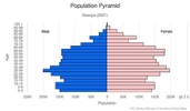 This is the population pyramid for Georgia. A population pyramid illustrates the age and sex structure of a country's population and may provide insights about political and social stability, as well as economic development. The population is distributed along the horizontal axis, with males shown on the left and females on the right. The male and female populations are broken down into 5-year age groups represented as horizontal bars along the vertical axis, with the youngest age groups at the bottom and the oldest at the top. The shape of the population pyramid gradually evolves over time based on fertility, mortality, and international migration trends. <br/><br/>For additional information, please see the entry for Population pyramid on the Definitions and Notes page.