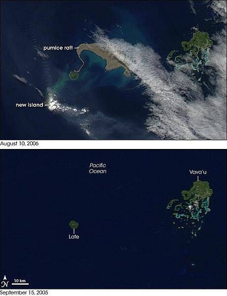 August 2006 brought two new things to the Tonga Islands in the South Pacific. One was a raft of lightweight, frothy volcanic rock - pumice - floating on the ocean surface. The other was a new island emerging out of the water. NASA&apos;s Aqua satellite captured the aftermath of the eruption on 10 August 2006. For comparison, the bottom image shows the same area but taken almost one year earlier, on 15 September 2005. 

The emerging volcanic island is partially hidden by its own plume. Volcanic plumes often appear drab gray or beige compared to clouds, and plumes from the emerging island move away from it in different directions, one to the southeast, and some to the north. The bright white spot directly over the island may be cloud cover, or it could be steam resulting from volcanic emissions.

The raft of pumice appears to the northeast of the emerging island, and it actually connects, via a thin thread, to neighboring Late Island. The blue-green color of the water around the raft and the new island is probably fine sediment that is making the deep blue water more reflective. The pumice raft gained international attention when a news report described the experience of a yacht crew that inadvertently encountered the pumice raft. The &quot;sea of stone&quot; clogged the yacht&apos;s engine-cooling system, forcing the vessel to turn back.

Pumice rafts are not an everyday occurrence, but they have been observed before. Biologists theorize that pumice rafts may be one of the ways that plants and animals spread from island to island in marine environments. Photo courtesy of NASA.