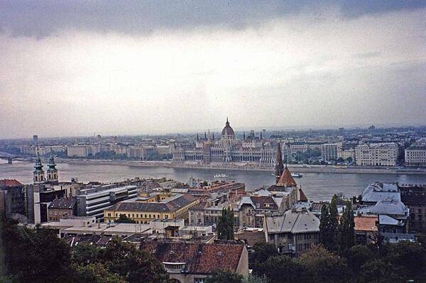 View of the Gothic Revival Hungarian Parliament Building on the Pest side of the Danube.