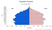 This is the population pyramid for New Zealand. A population pyramid illustrates the age and sex structure of a country's population and may provide insights about political and social stability, as well as economic development. The population is distributed along the horizontal axis, with males shown on the left and females on the right. The male and female populations are broken down into 5-year age groups represented as horizontal bars along the vertical axis, with the youngest age groups at the bottom and the oldest at the top. The shape of the population pyramid gradually evolves over time based on fertility, mortality, and international migration trends. <br/><br/>For additional information, please see the entry for Population pyramid on the Definitions and Notes page.