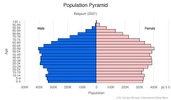 This is the population pyramid for Belgium. A population pyramid illustrates the age and sex structure of a country's population and may provide insights about political and social stability, as well as economic development. The population is distributed along the horizontal axis, with males shown on the left and females on the right. The male and female populations are broken down into 5-year age groups represented as horizontal bars along the vertical axis, with the youngest age groups at the bottom and the oldest at the top. The shape of the population pyramid gradually evolves over time based on fertility, mortality, and international migration trends. <br/><br/>For additional information, please see the entry for Population pyramid on the Definitions and Notes page.