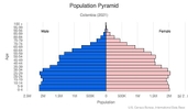 This is the population pyramid for Colombia. A population pyramid illustrates the age and sex structure of a country's population and may provide insights about political and social stability, as well as economic development. The population is distributed along the horizontal axis, with males shown on the left and females on the right. The male and female populations are broken down into 5-year age groups represented as horizontal bars along the vertical axis, with the youngest age groups at the bottom and the oldest at the top. The shape of the population pyramid gradually evolves over time based on fertility, mortality, and international migration trends. <br/><br/>For additional information, please see the entry for Population pyramid on the Definitions and Notes page.