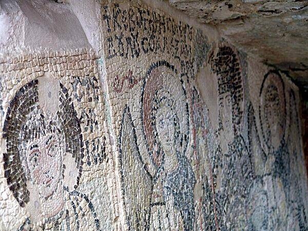 Mosaics in the Durres Amphitheater. Constructed in the 2nd century A.D., the structure could seat 20,000 people. First discovered in the late 1900&apos;s, the amphitheater is only half unearthed.