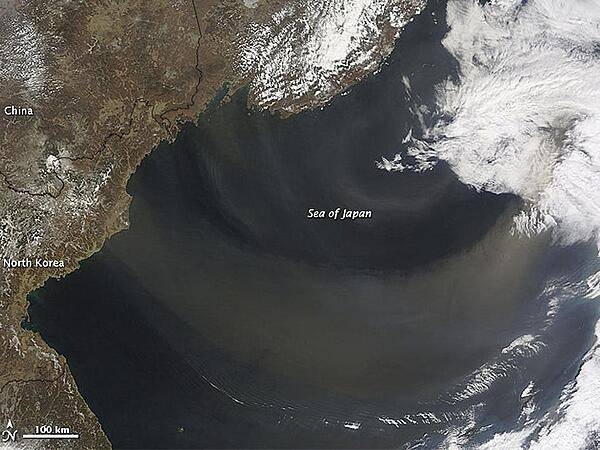 A dust plume arose over Inner Mongolia and on April 9, 2012, began its eastward journey over the Sea of Japan. New research shows that dust accounts for most of the 64 million tons of foreign aerosol imports that arrive in the air over North America each year. Credit: NASA Earth Observatory/Jeff Schmaltz.