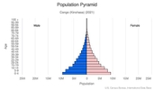 This is the population pyramid for Congo, Democratic Republic of the. A population pyramid illustrates the age and sex structure of a country's population and may provide insights about political and social stability, as well as economic development. The population is distributed along the horizontal axis, with males shown on the left and females on the right. The male and female populations are broken down into 5-year age groups represented as horizontal bars along the vertical axis, with the youngest age groups at the bottom and the oldest at the top. The shape of the population pyramid gradually evolves over time based on fertility, mortality, and international migration trends. <br/><br/>For additional information, please see the entry for Population pyramid on the Definitions and Notes page.