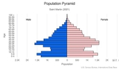 This is the population pyramid for Saint Martin. A population pyramid illustrates the age and sex structure of a country's population and may provide insights about political and social stability, as well as economic development. The population is distributed along the horizontal axis, with males shown on the left and females on the right. The male and female populations are broken down into 5-year age groups represented as horizontal bars along the vertical axis, with the youngest age groups at the bottom and the oldest at the top. The shape of the population pyramid gradually evolves over time based on fertility, mortality, and international migration trends. <br/><br/>For additional information, please see the entry for Population pyramid on the Definitions and Notes page.